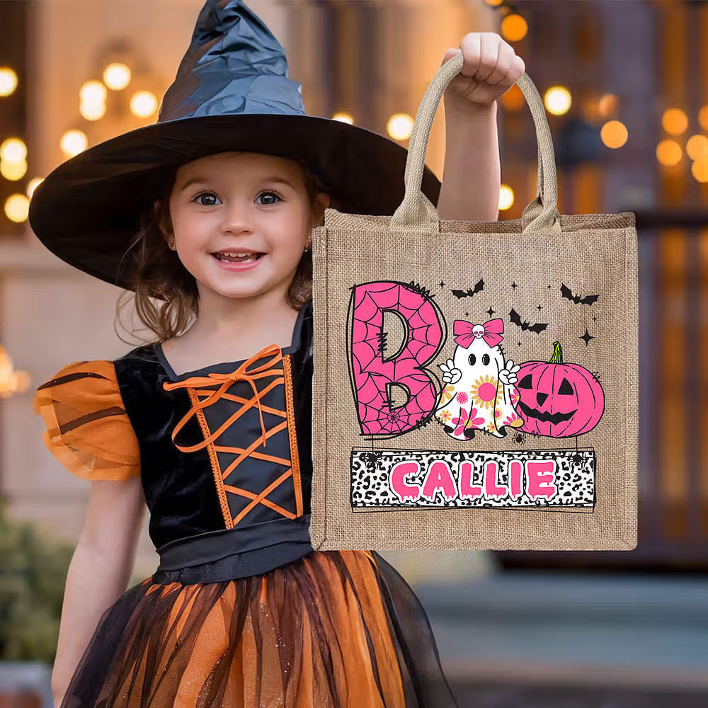 Personalized Playful Ghost Pumpkin Bat Large Jute Tote Bag with Name Halloween Trick or Treat Gift for Kid Boy Girl