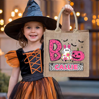 Personalized Playful Ghost Pumpkin Bat Large Jute Tote Bag with Name Halloween Trick or Treat Gift for Kid Boy Girl