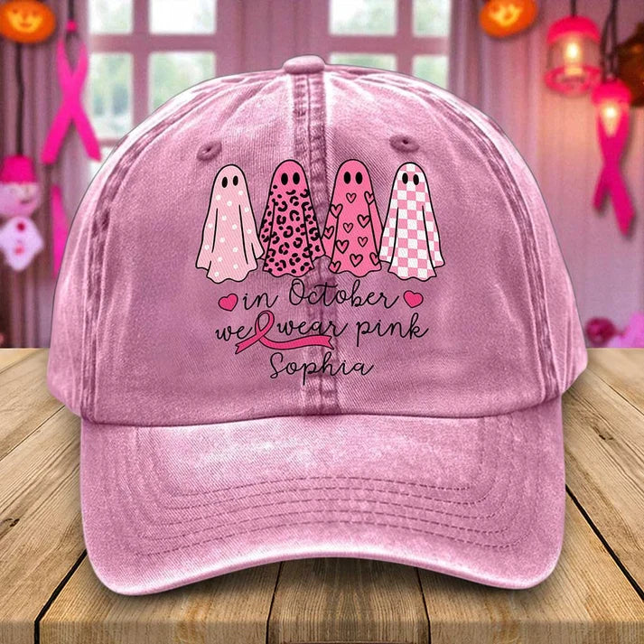 Custom Name In October We Wear Pink Ghosts - Personalized Breast Cancer Awareness Baseball Cap