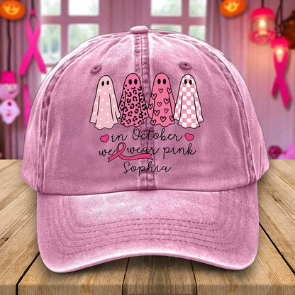 Custom Name In October We Wear Pink Ghosts - Personalized Breast Cancer Awareness Baseball Cap