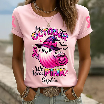 Personalized In October We Wear Pink Ghost Halloween Shirt - Custom Name Breast Cancer Awareness T-Shirt