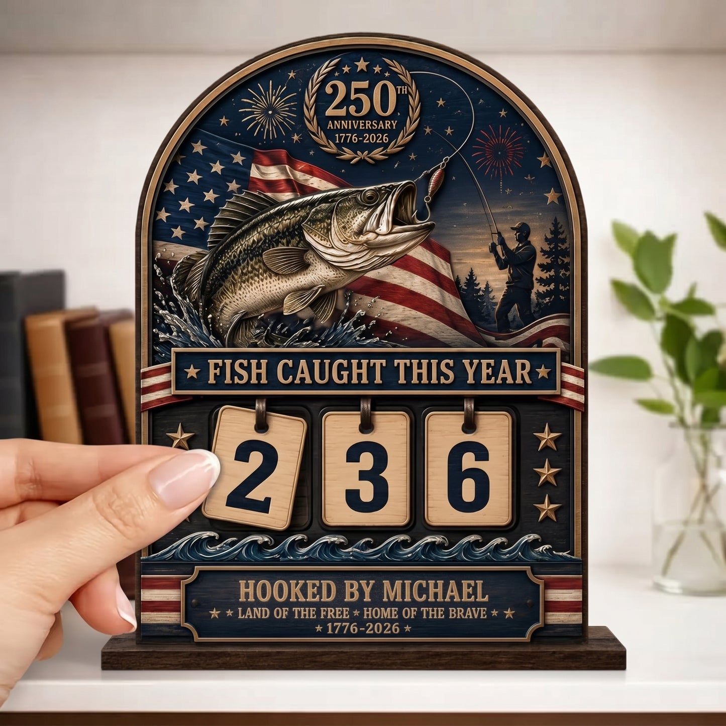 Personalized America 250th Anniversary Fishing Tracker Sign – Fish Caught This Year – Custom 2-Layered Wooden Plaque