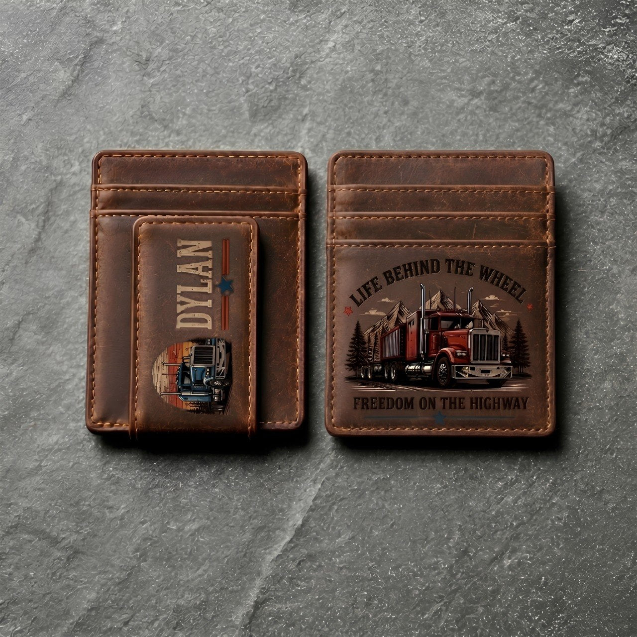 Personalized Trucker Leather Magnetic Money Clip Wallet – Custom Name Laser Engraved Wallet for Truck Drivers, Trucker Gift for Him