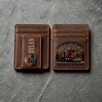 Personalized Trucker Leather Magnetic Money Clip Wallet – Custom Name Laser Engraved Wallet for Truck Drivers, Trucker Gift for Him