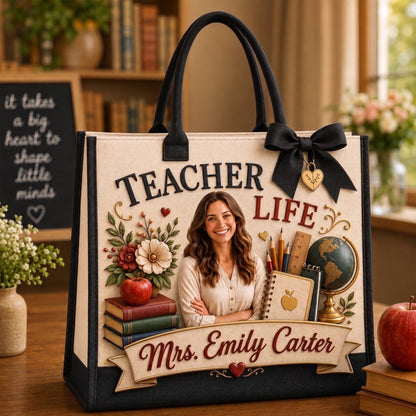 Personalized Teacher Photo Tote Bag, Custom Name Teacher Life Bag, Teacher Appreciation Tote, Custom Photo Canvas Bag, Teacher Gift for Her