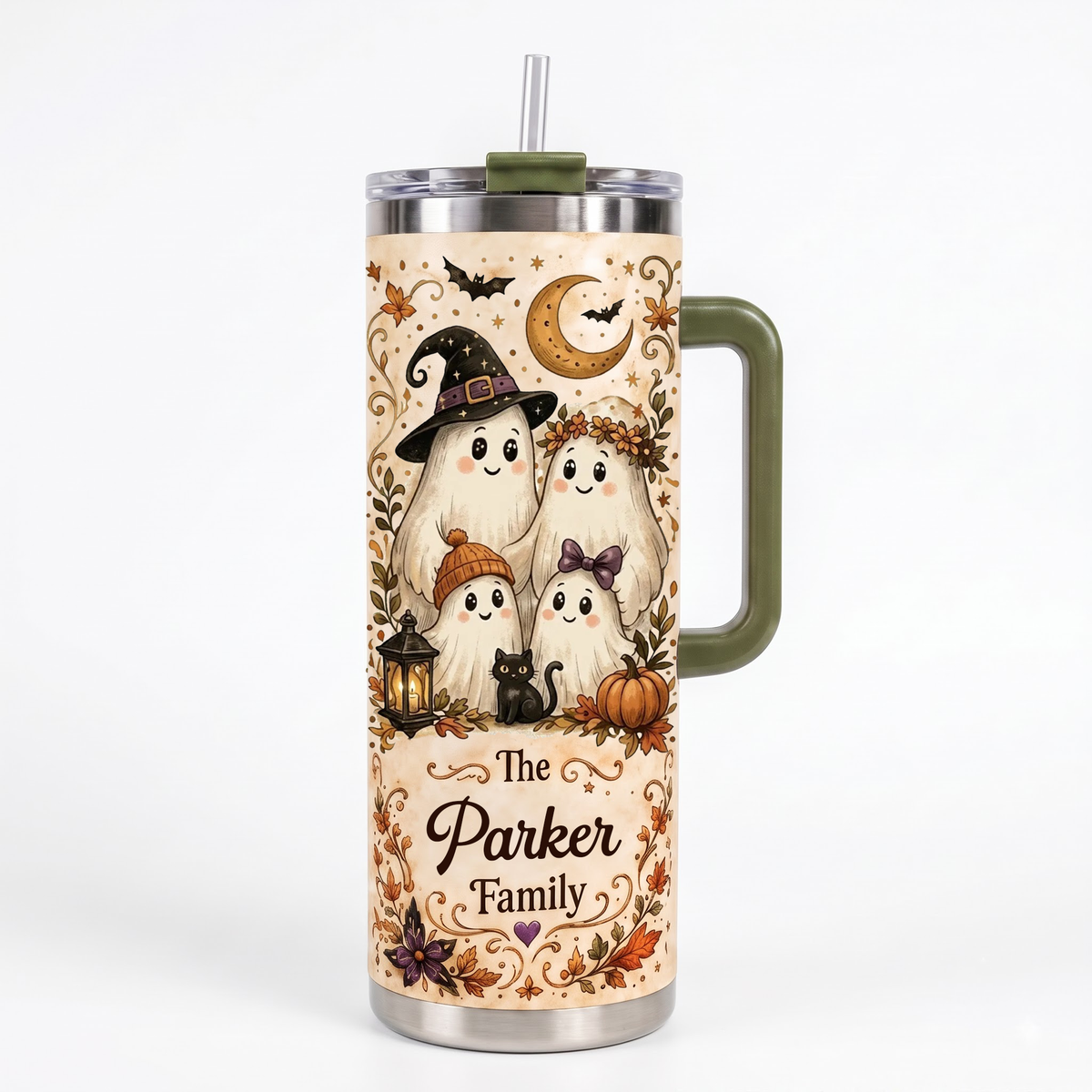 Personalized Ghost Family Tumbler 40oz, Custom Family Halloween Tumbler, Ghost Family Travel Mug with Handle, Personalized Halloween Gift