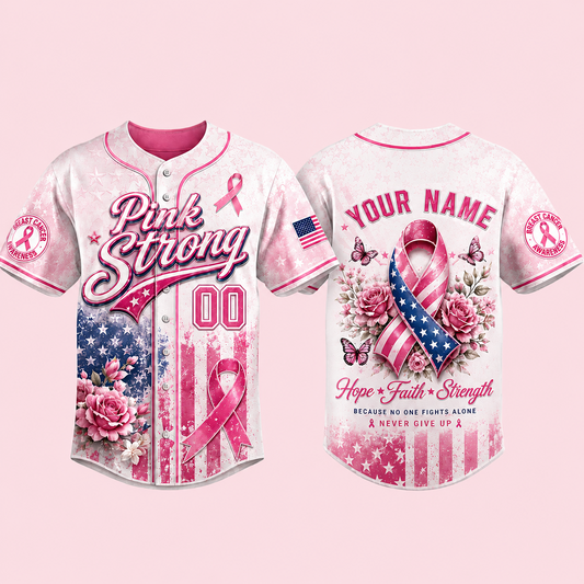 Personalized Pink Strong Breast Cancer Awareness Baseball Jersey – Custom Name & Number, Hope Faith Strength Survivor Support Shirt