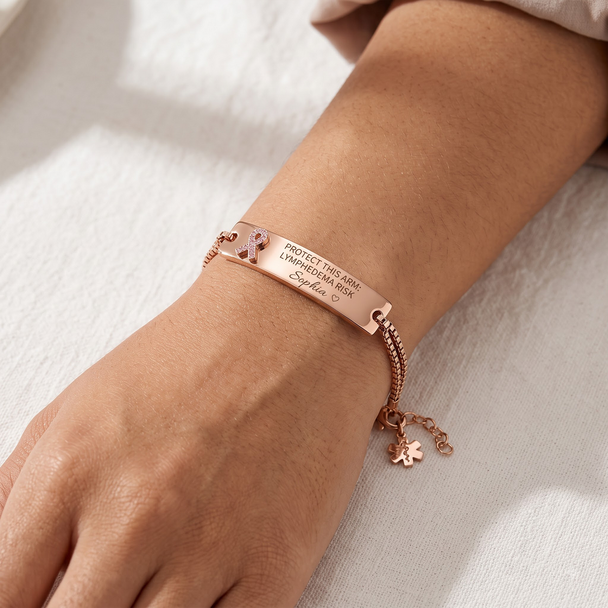 Personalized Pink Ribbon Lymphedema Bracelet – Breast Cancer Medical Alert Bracelet with Engraved Text