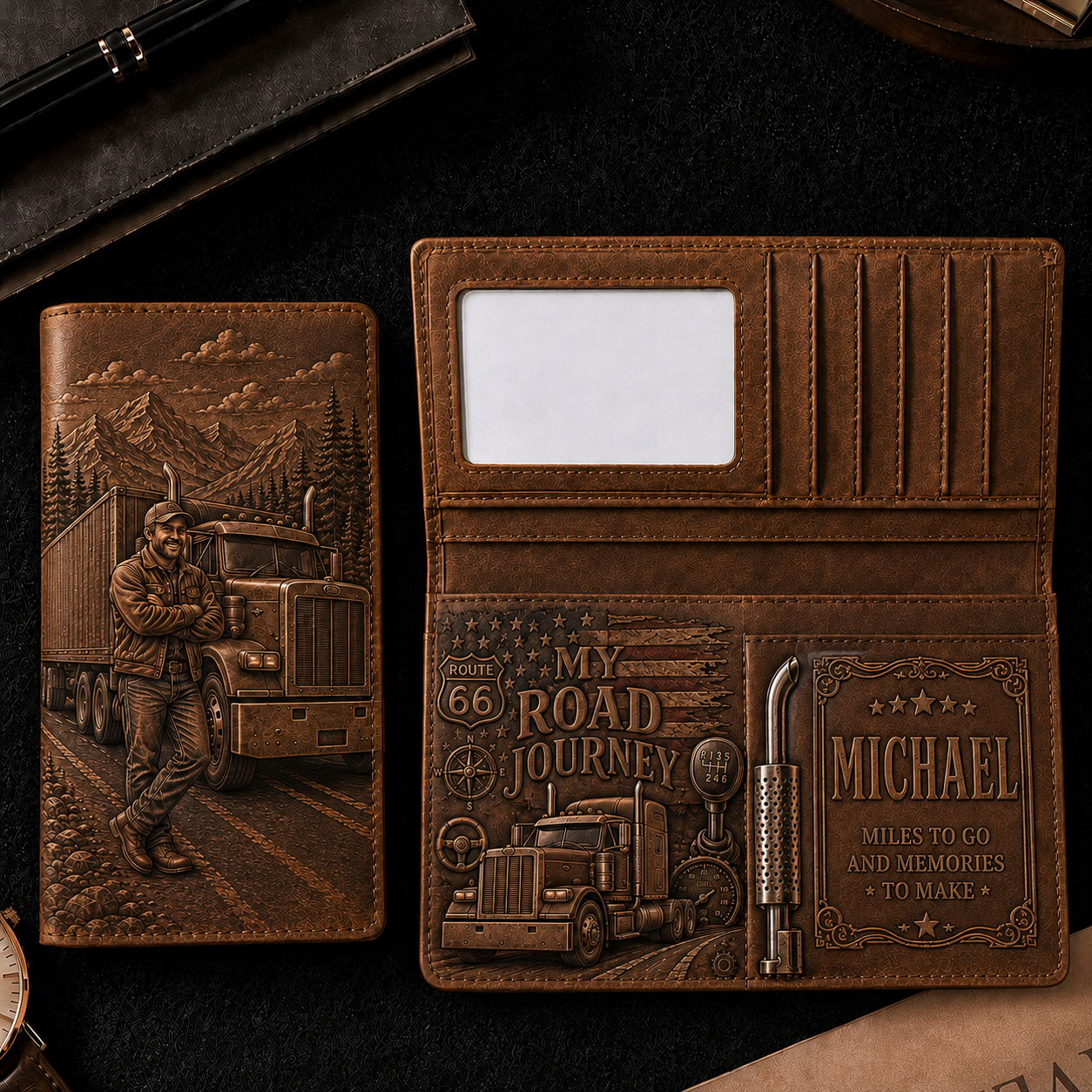 Personalized Trucker PU Leather Long Wallet, Custom Name Semi Truck Wallet, Route 66 Road Journey Wallet, Gift for Truck Driver Dad Husband