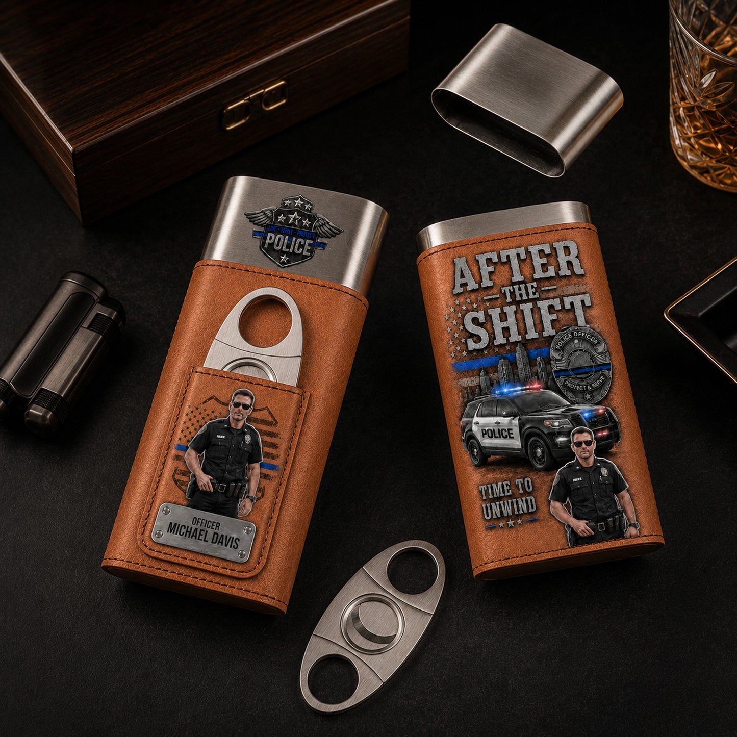 Personalized Police Officer Leather Travel Case With Custom Photo – Serve & Protect Gift For Him