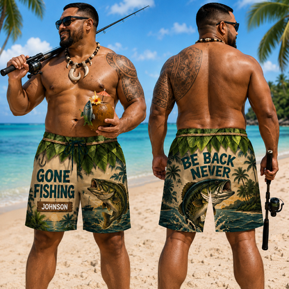 Personalized Gone Fishing Men’s Beach Shorts – Custom Name Bass Fishing Hawaiian Swim Trunks