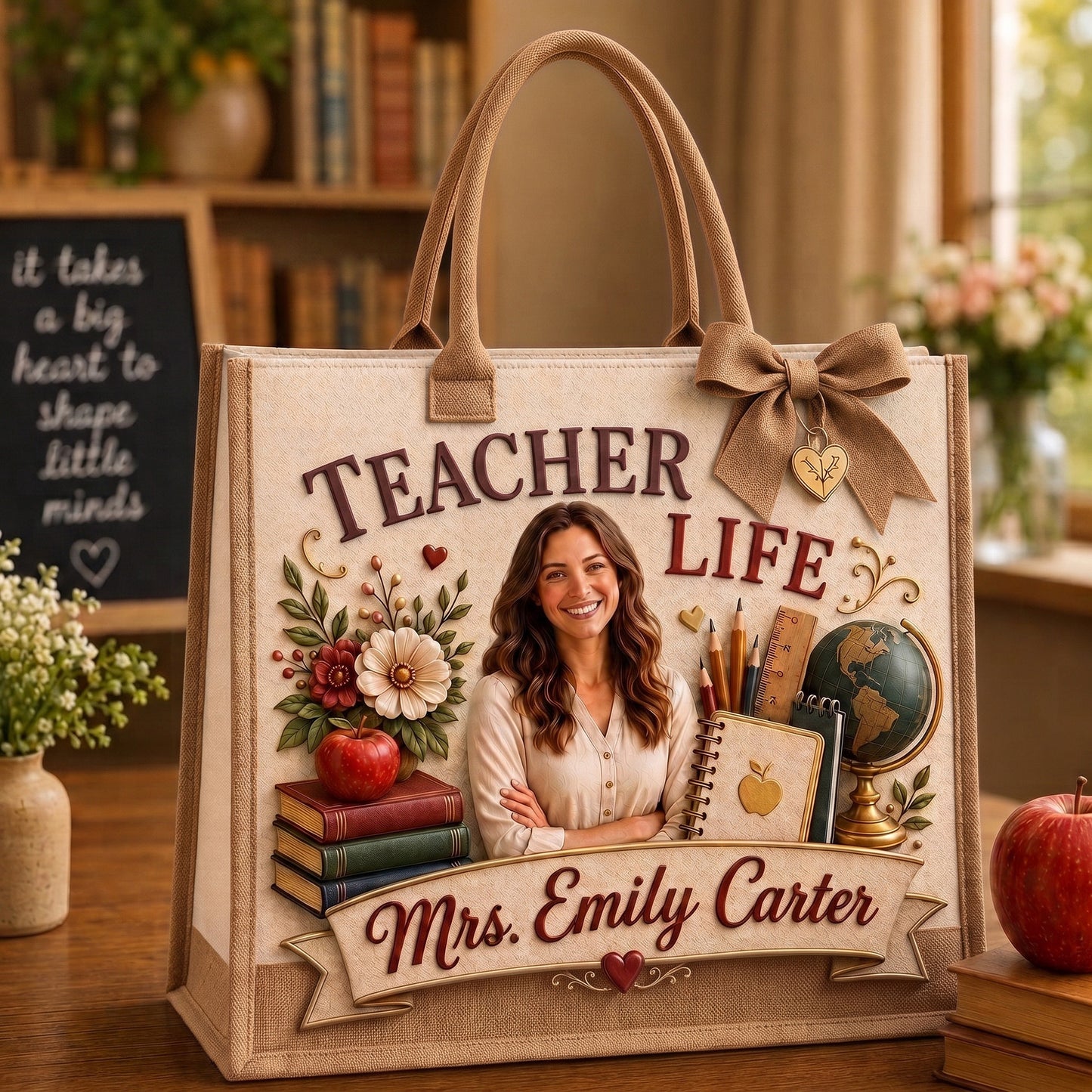 Personalized Teacher Photo Tote Bag, Custom Name Teacher Life Bag, Teacher Appreciation Tote, Custom Photo Canvas Bag, Teacher Gift for Her