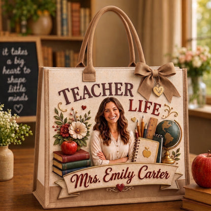 Personalized Teacher Photo Tote Bag, Custom Name Teacher Life Bag, Teacher Appreciation Tote, Custom Photo Canvas Bag, Teacher Gift for Her