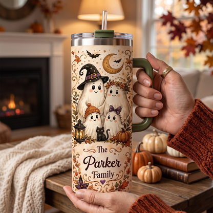 Personalized Ghost Family Tumbler 40oz, Custom Family Halloween Tumbler, Ghost Family Travel Mug with Handle, Personalized Halloween Gift