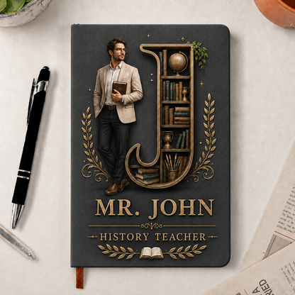 Personalized Teacher Initial & Name PU Leather Notebook – Custom Thank You Gift for Teachers