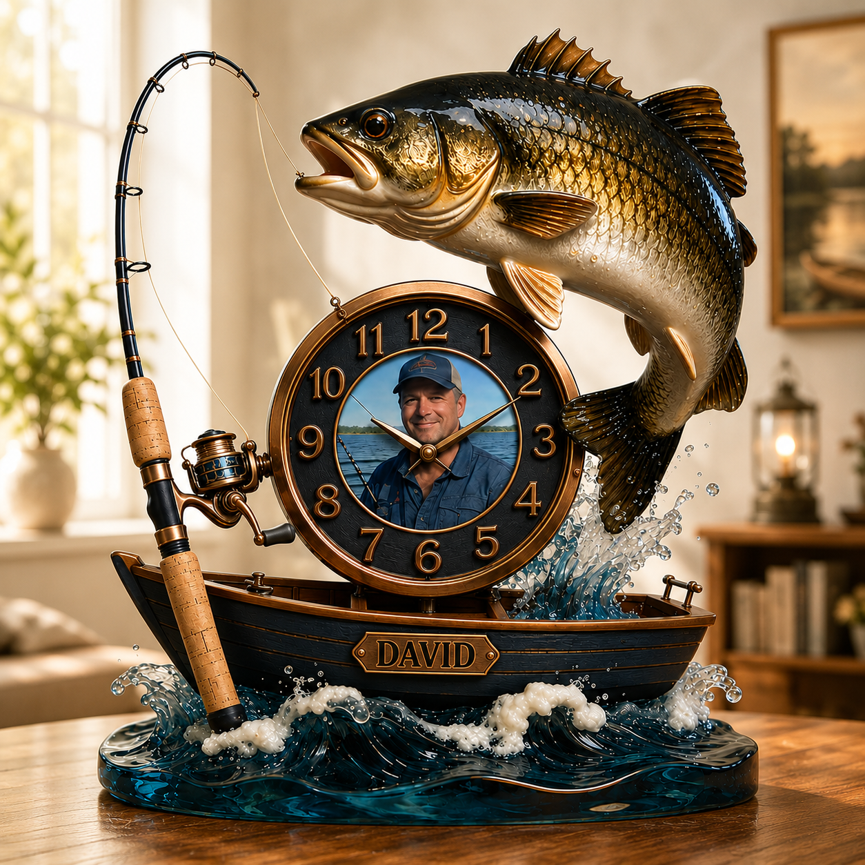 Personalized Photo Fishing Boat Wall Clock – Custom Fisherman Portrait Clock, Gift For Fishing Lovers