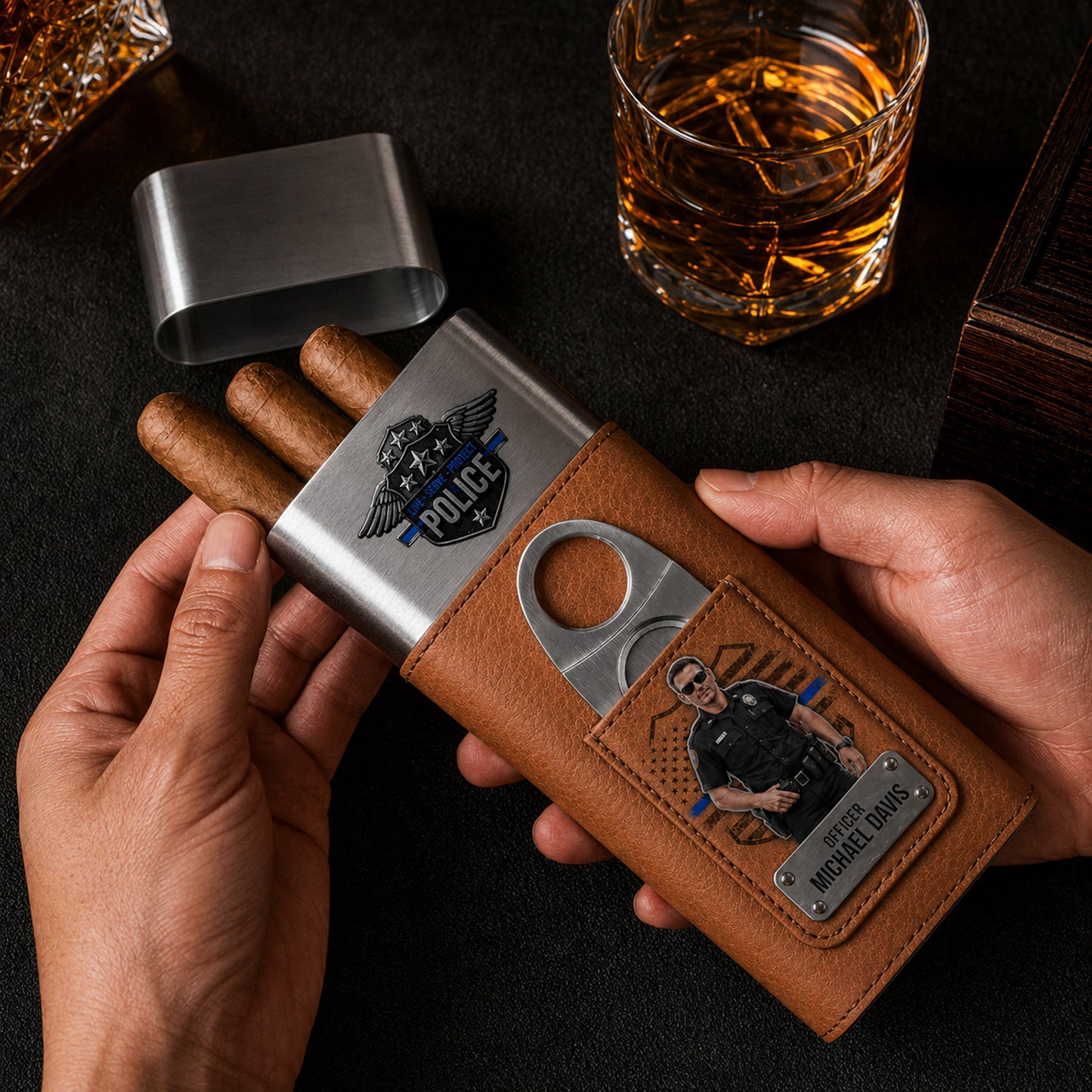 Personalized Police Officer Leather Travel Case With Custom Photo – Serve & Protect Gift For Him