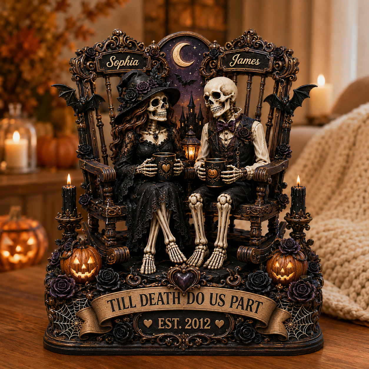 Till Death Do Us Part Skeleton Couple 2D Flat - Personalized 2-Layered Wooden Plaque - Halloween Decor For Couple