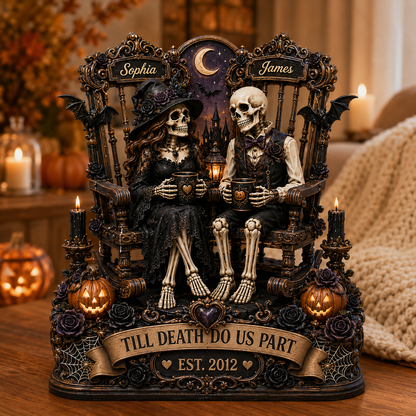 Till Death Do Us Part Skeleton Couple 2D Flat - Personalized 2-Layered Wooden Plaque - Halloween Decor For Couple