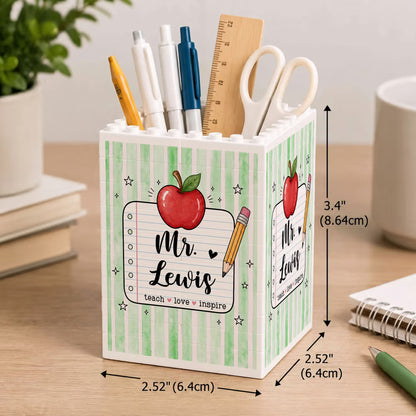 Personalised Teach Love Inspire Large Capacity Building Blocks Brick Pencil Holder with Appellation and Name Teacher’s Day Gift for Teacher
