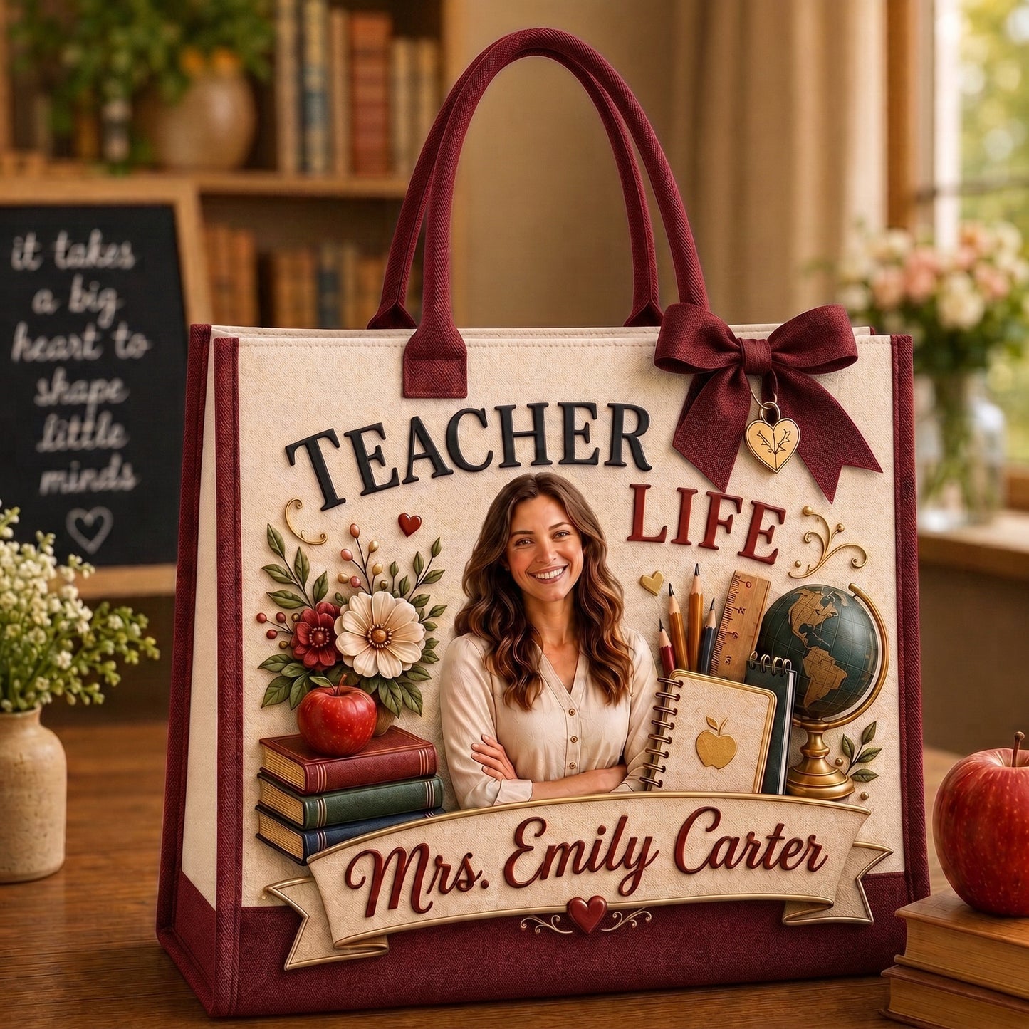 Personalized Teacher Photo Tote Bag, Custom Name Teacher Life Bag, Teacher Appreciation Tote, Custom Photo Canvas Bag, Teacher Gift for Her