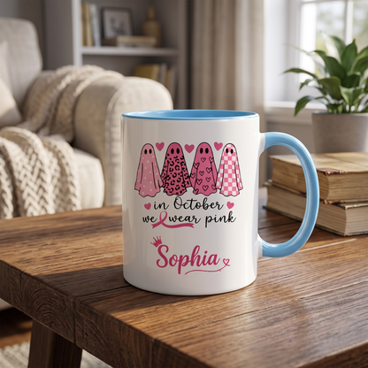 Personalized In October We Wear Pink Ghost Mug, Custom Breast Cancer Awareness Coffee Mug, Halloween Gift for Women