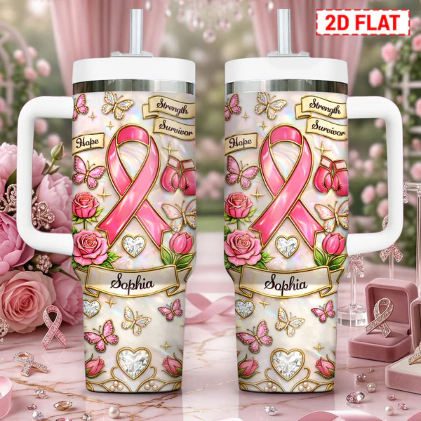 Personalized Breast Cancer Insulated Tumbler, Custom Name Gift for Survivor, Mom, Wife