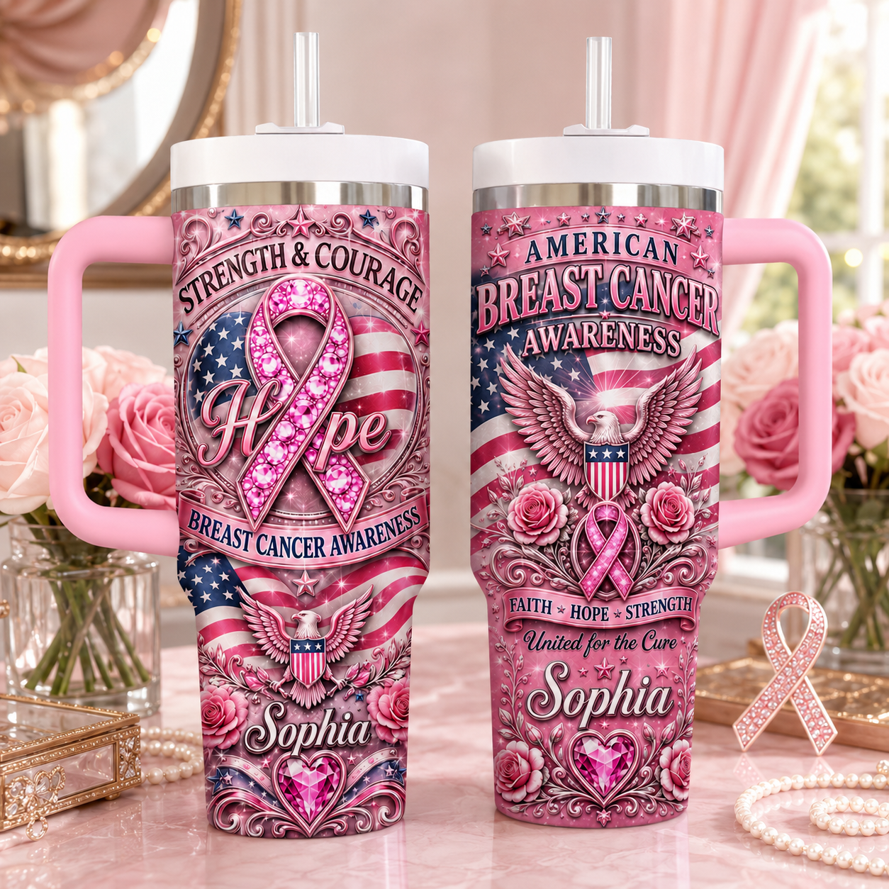 Personalized American Breast Cancer Awareness 40oz Tumbler With Straw – Strength, Hope & Courage Gift