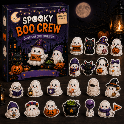 Personalized Spooky Boo Crew Halloween Advent Calendar – 24 Days of Cute Ghost Surprises, Custom Name Halloween Gift, Collectible Halloween Decor for Kids & Family