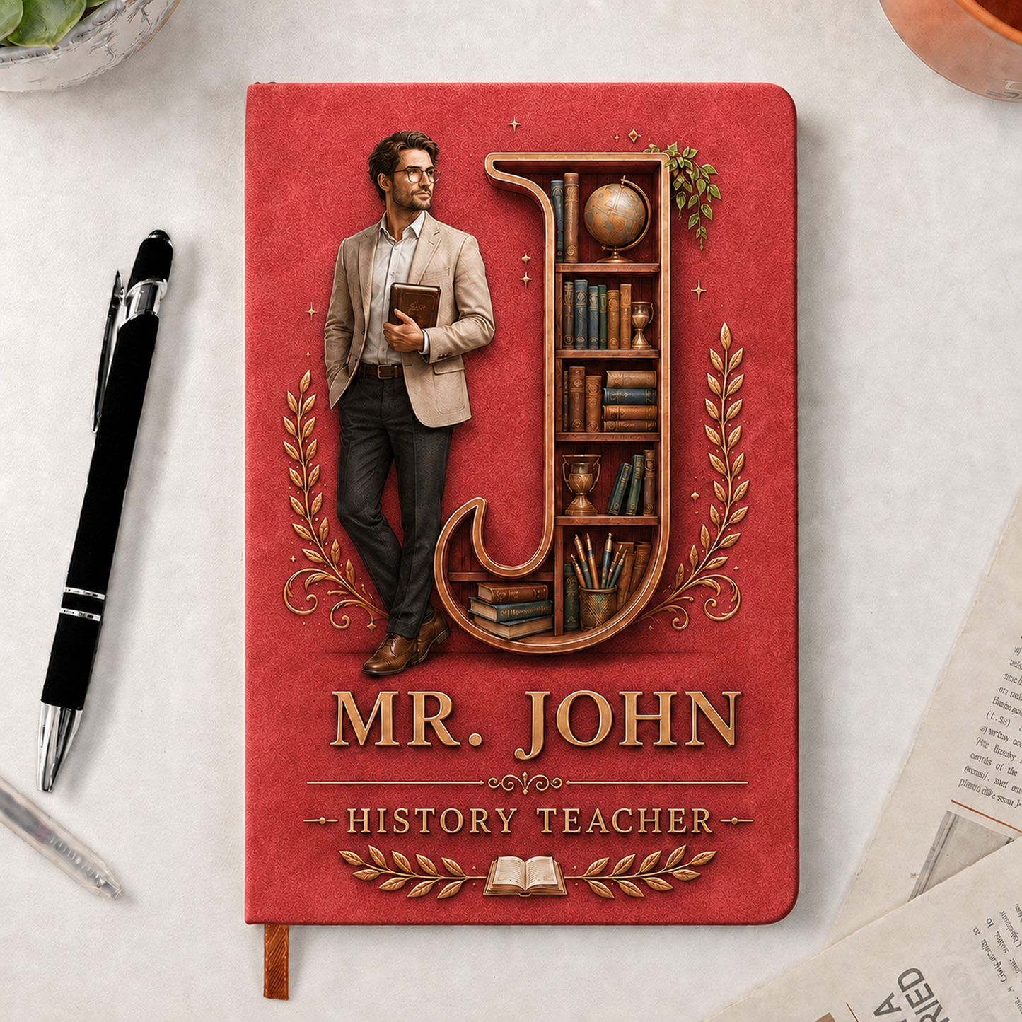 Personalized Teacher Initial & Name PU Leather Notebook – Custom Thank You Gift for Teachers
