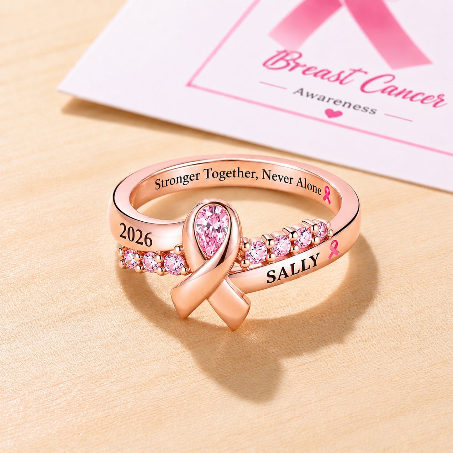 Personalized Breast Cancer Awareness Ring – Custom Pink Ribbon Birthstone Ring, Survivor Support Jewelry Gift