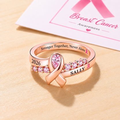 Personalized Breast Cancer Awareness Ring – Custom Pink Ribbon Birthstone Ring, Survivor Support Jewelry Gift