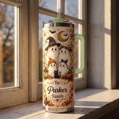 Personalized Ghost Family Tumbler 40oz, Custom Family Halloween Tumbler, Ghost Family Travel Mug with Handle, Personalized Halloween Gift