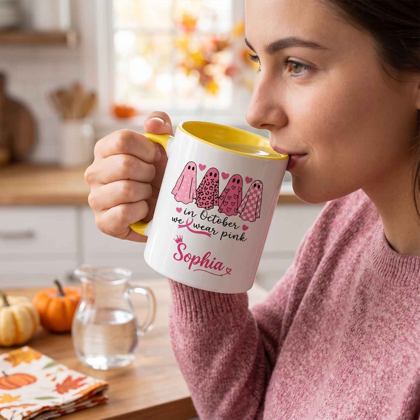 Personalized In October We Wear Pink Ghost Mug, Custom Breast Cancer Awareness Coffee Mug, Halloween Gift for Women
