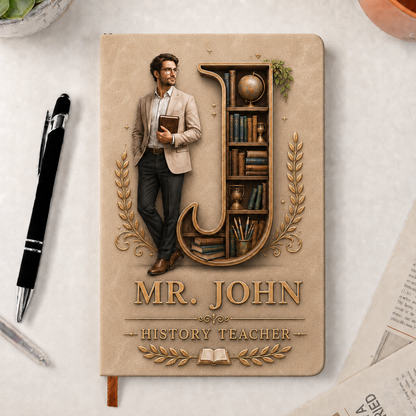 Personalized Teacher Initial & Name PU Leather Notebook – Custom Thank You Gift for Teachers