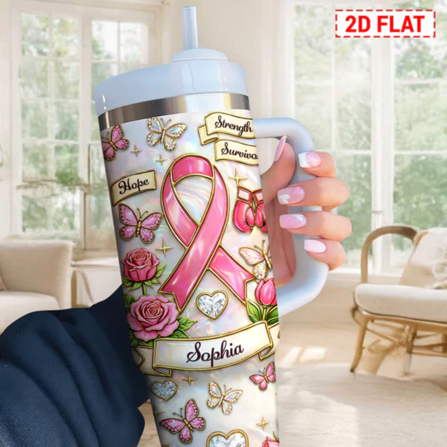 Personalized Breast Cancer Insulated Tumbler, Custom Name Gift for Survivor, Mom, Wife
