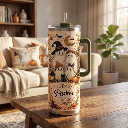 Personalized Ghost Family Tumbler 40oz, Custom Family Halloween Tumbler, Ghost Family Travel Mug with Handle, Personalized Halloween Gift