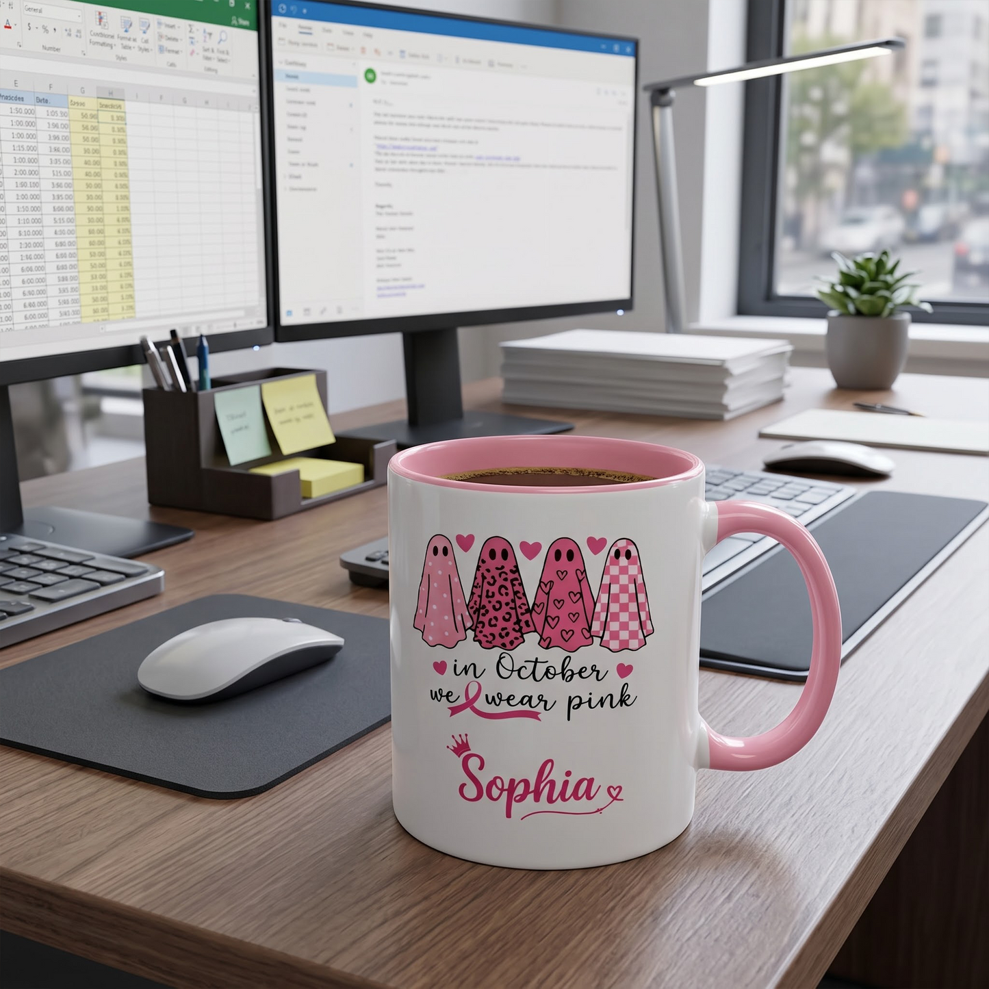 Personalized In October We Wear Pink Ghost Mug, Custom Breast Cancer Awareness Coffee Mug, Halloween Gift for Women