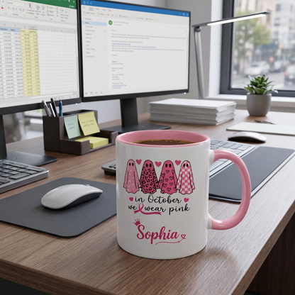 Personalized In October We Wear Pink Ghost Mug, Custom Breast Cancer Awareness Coffee Mug, Halloween Gift for Women