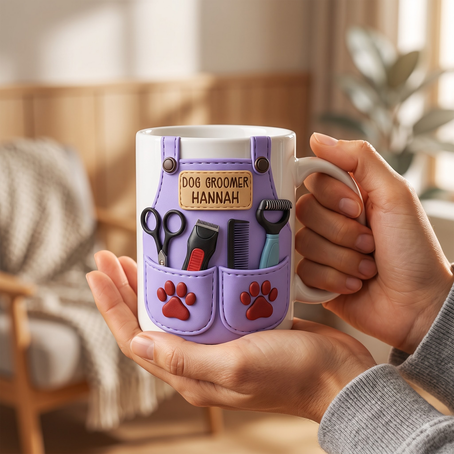 Personalize With Your Name, Paw Prints And Grooming Tools Coffee Mug, Gift For Dog Groomers
