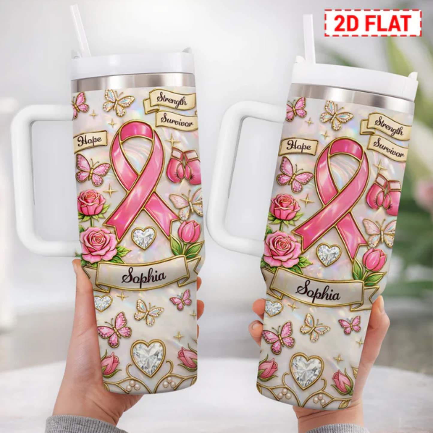 Personalized Breast Cancer Insulated Tumbler, Custom Name Gift for Survivor, Mom, Wife