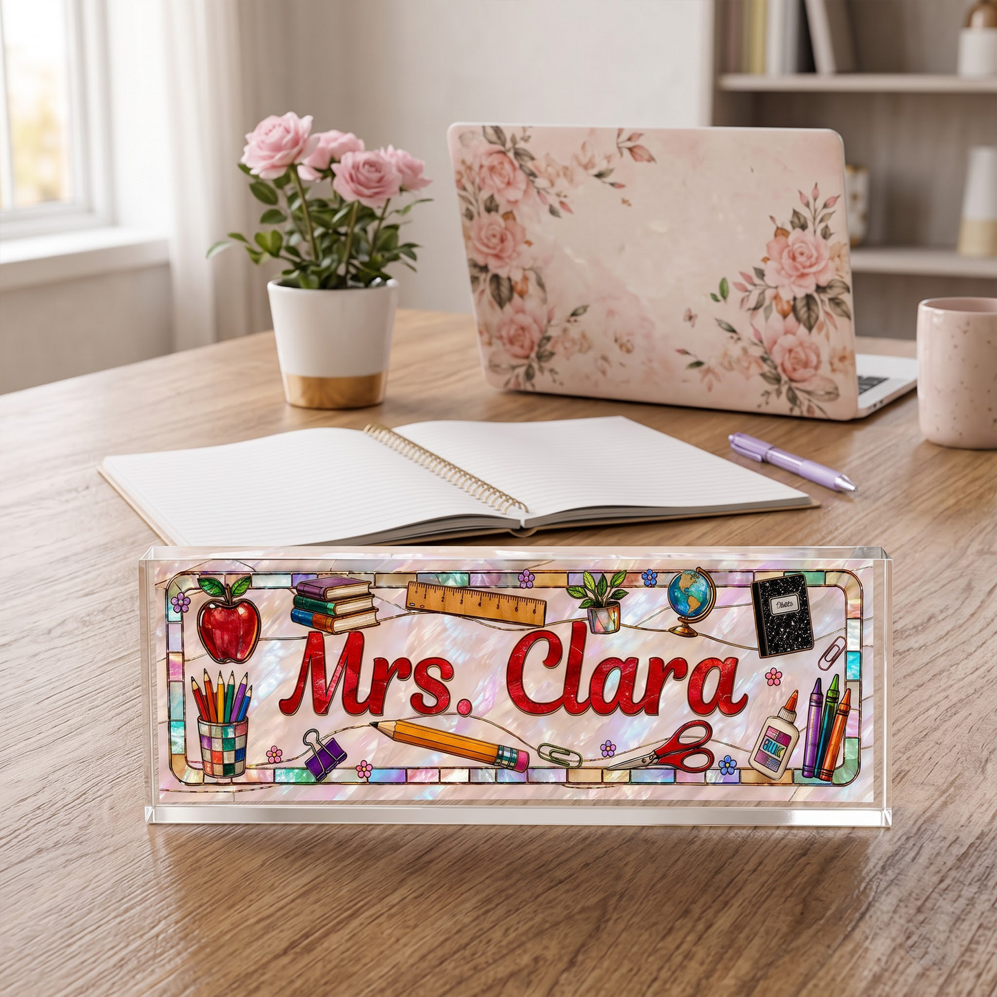 Teacher Name Faux Stained Glass - Personalized Acrylic Desk Name Plate – Classroom Desk Decor