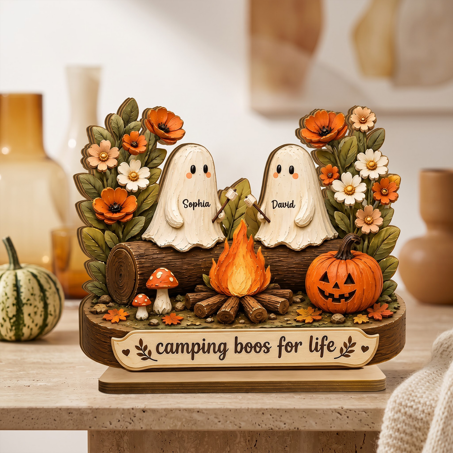 Personalized 2-Layer Wooden Plaque with Camping Boos for Life, Creative Gift for Couple, Cozy Fall Display