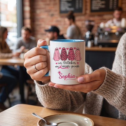 Personalized In October We Wear Pink Ghost Mug, Custom Breast Cancer Awareness Coffee Mug, Halloween Gift for Women