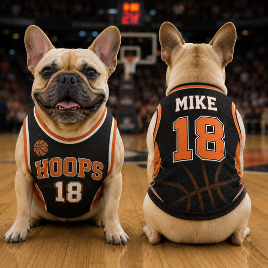 Personalized Pet Basketball Jersey – Custom Name & Number Sporty Jersey, Black Orange Hoops Pet Outfit