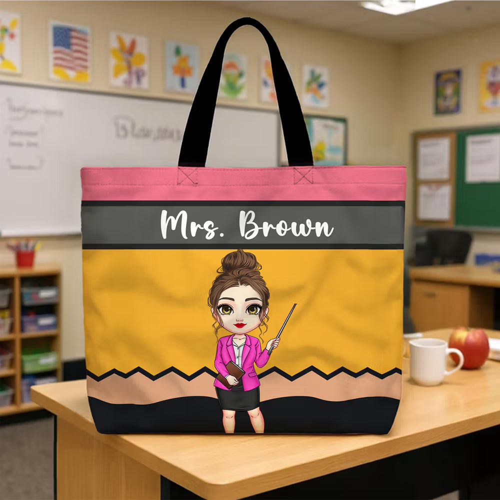 Personalised Pencil Crayon Cartoon Teacher Large Capacity Tote Bag with Name Teacher's Day Back to School Appreciation Birthday Gift for Teacher