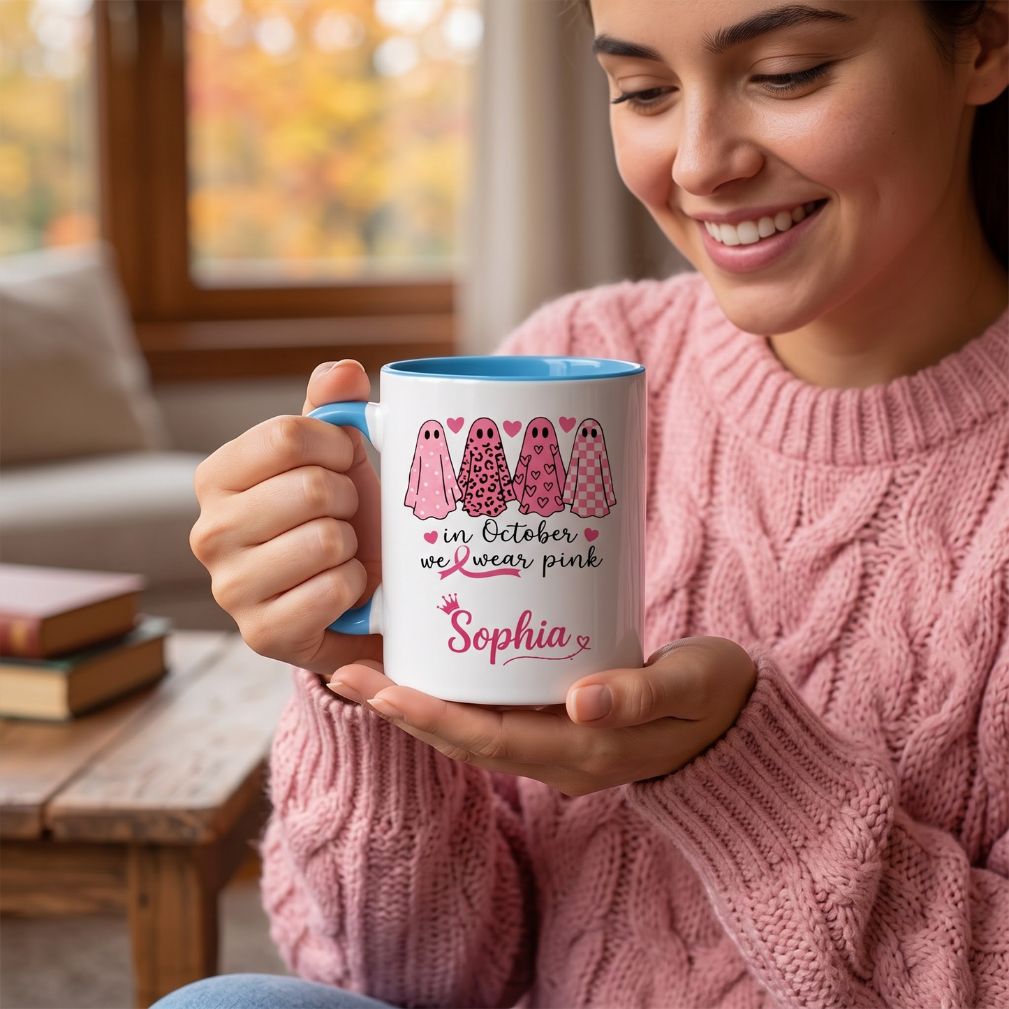Personalized In October We Wear Pink Ghost Mug, Custom Breast Cancer Awareness Coffee Mug, Halloween Gift for Women