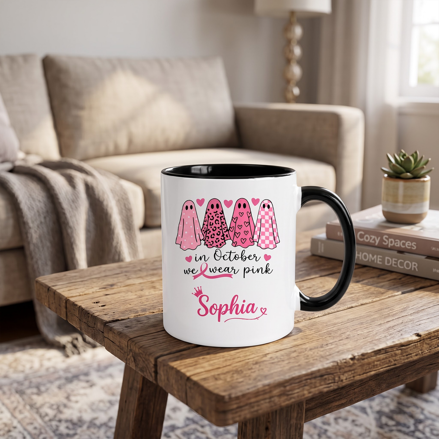 Personalized In October We Wear Pink Ghost Mug, Custom Breast Cancer Awareness Coffee Mug, Halloween Gift for Women