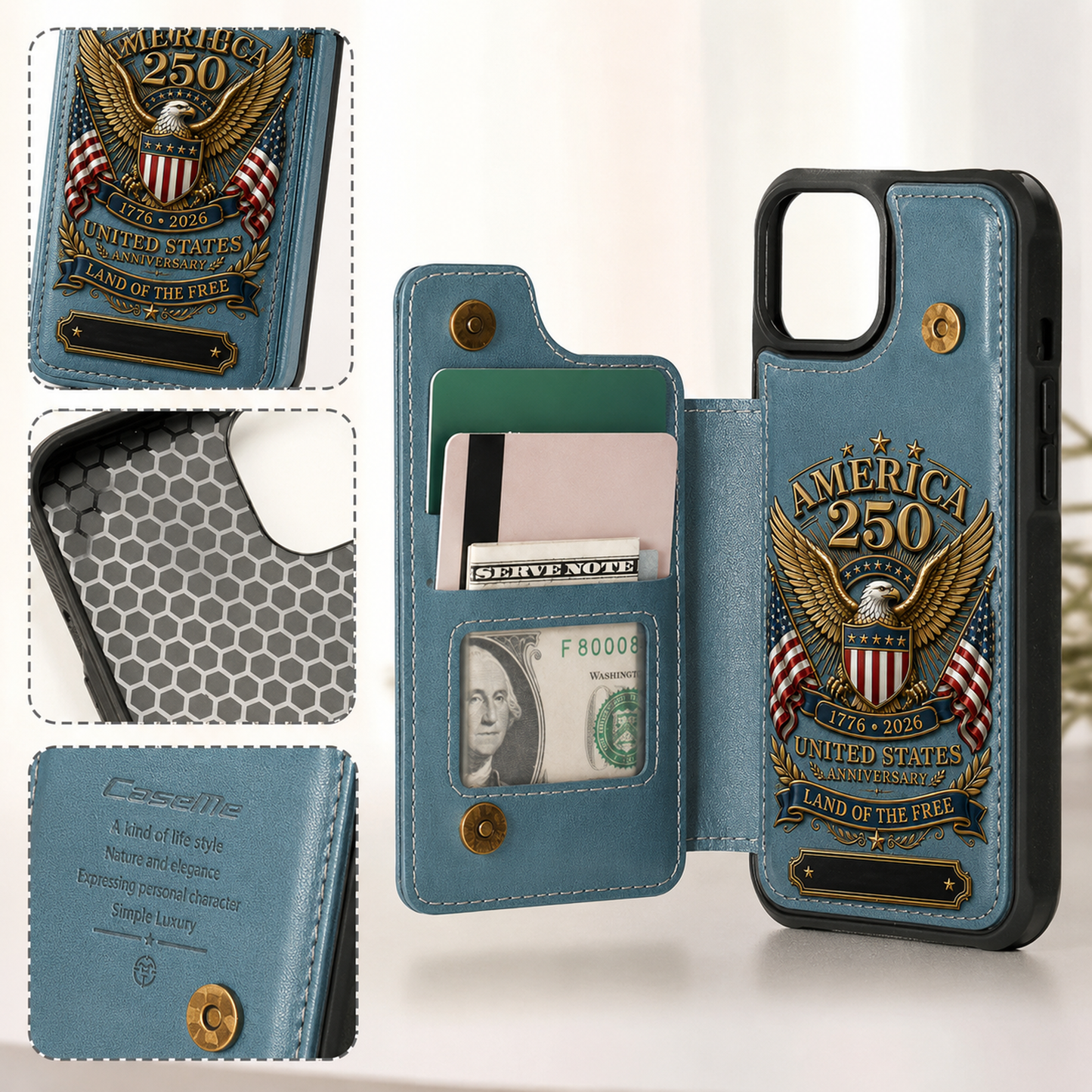 Personalized America 250th Anniversary Eagle Wallet Phone Case – 1776–2026 Patriotic PU Leather Card Holder Cover