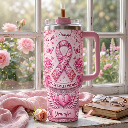 Personalized Breast Cancer Awareness 40oz Tumbler With Handle – Custom Name Pink Ribbon Faith Strength Hope Insulated Travel Mug